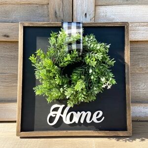 Farmhouse “Home” Wooden Sign with Boxwood Wreath